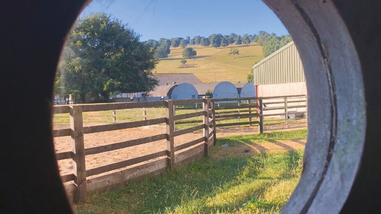 View of farm through round window